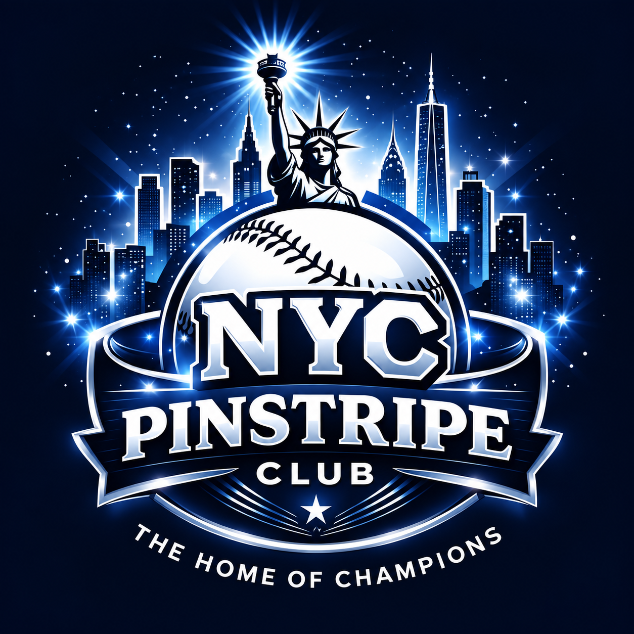 NYC Pinstripe Club logo with Lady Liberty, a baseball, and the New York skyline